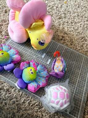 Vintage 1987 Fisher-Price Smooshees Plush Lot with Peacock, Turtle Shell, and Ye